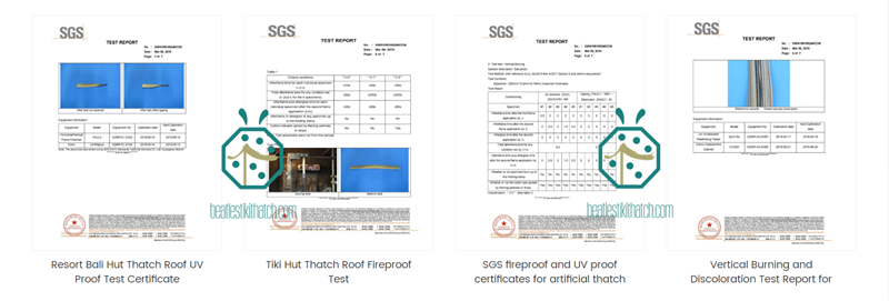 Certificat d'essai SGS pour panneau de toit en chaume de palmier artificiel résistant au feu