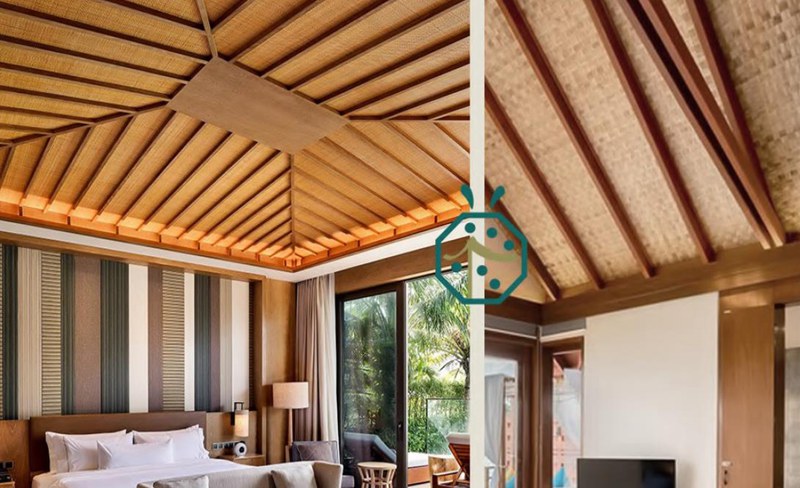 Tapis synthétique d'armure de bambou pour la décoration de mur et de plafond pour le cottage de villa de pavillon d'hôtel de station balnéaire