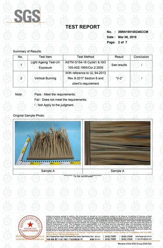 Toit en chaume de roseau synthétique ignifuge et rapport de test d'exposition aux UV selon UL 94-2013