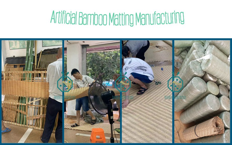 Fabrication de tapis de plafond et de mur tissés en bambou artificiel dans l'atelier de l'exportateur chinois