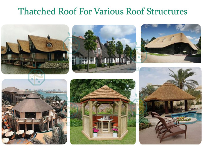 Tuiles de toit en chaume de canne en plastique pour la construction de divers bâtiments de chalets pour parcs, jardins, fermes, villages, villa au bord de l'eau