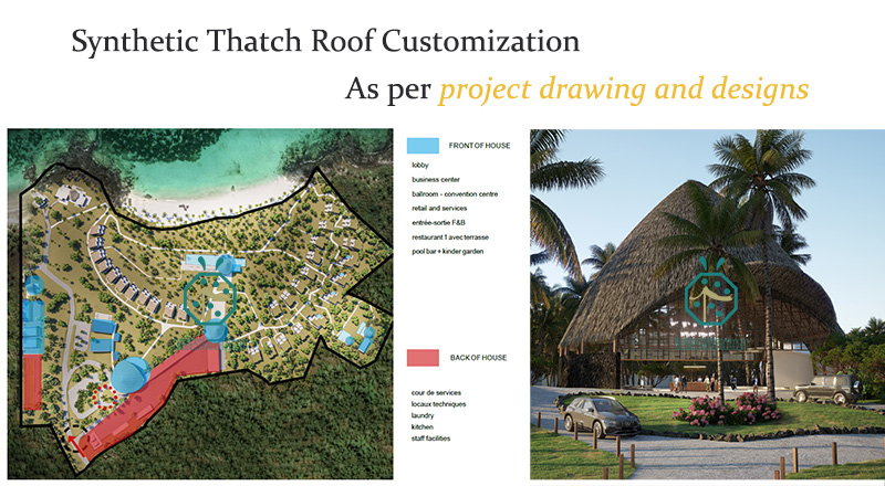 Personnalisation du toit en chaume synthétique Selon le dessin et les conceptions du projet pour l'hôtel de villégiature Hideway Retreat