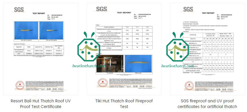 Rapport de test par SGS pour l'ignifugation du toit de chaume en feuilles de palmier artificiel
