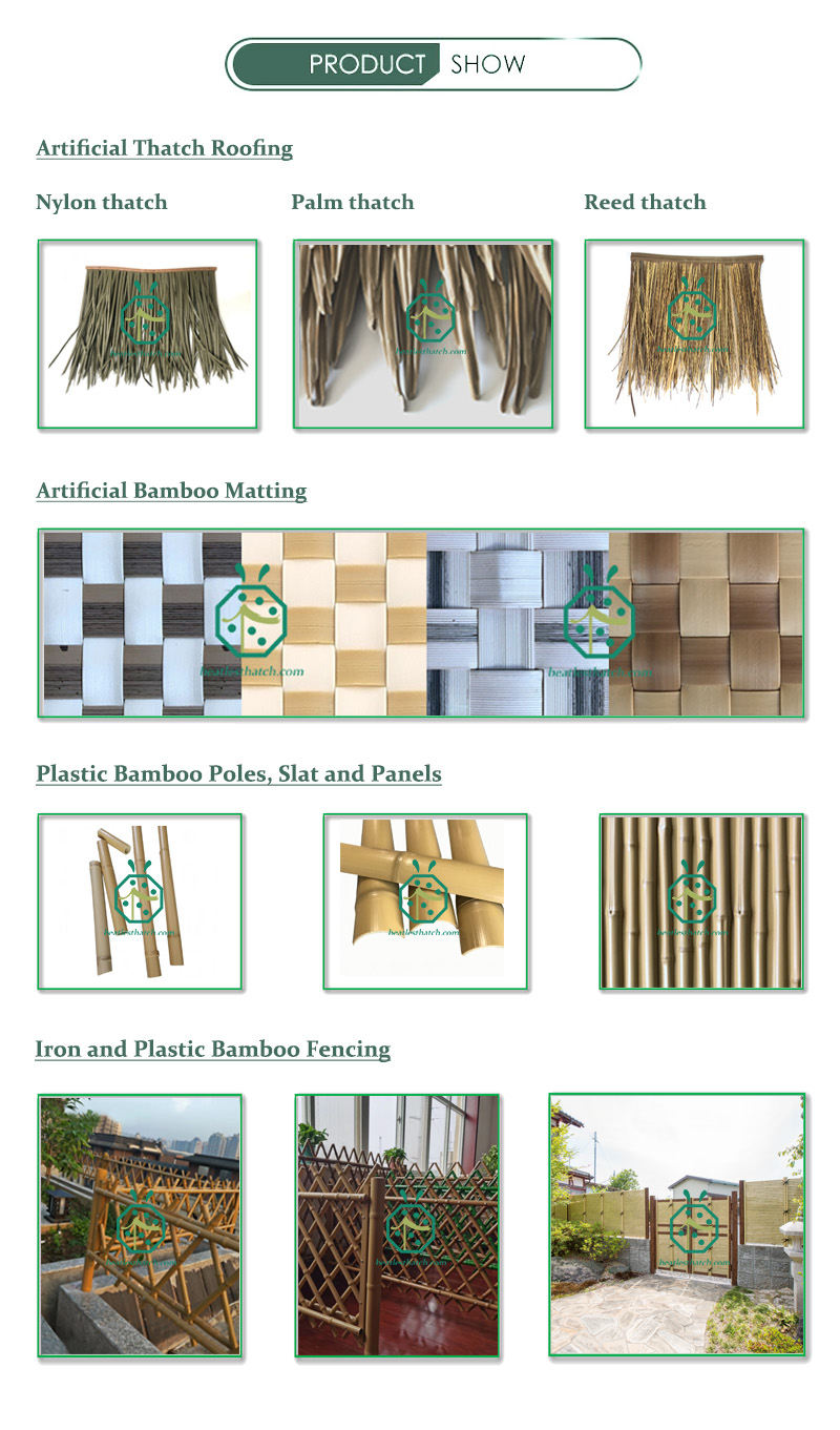 Poteaux de bambou artificiels, tapis de bambou de simulation et toiture de chaume en plastique, vente en gros